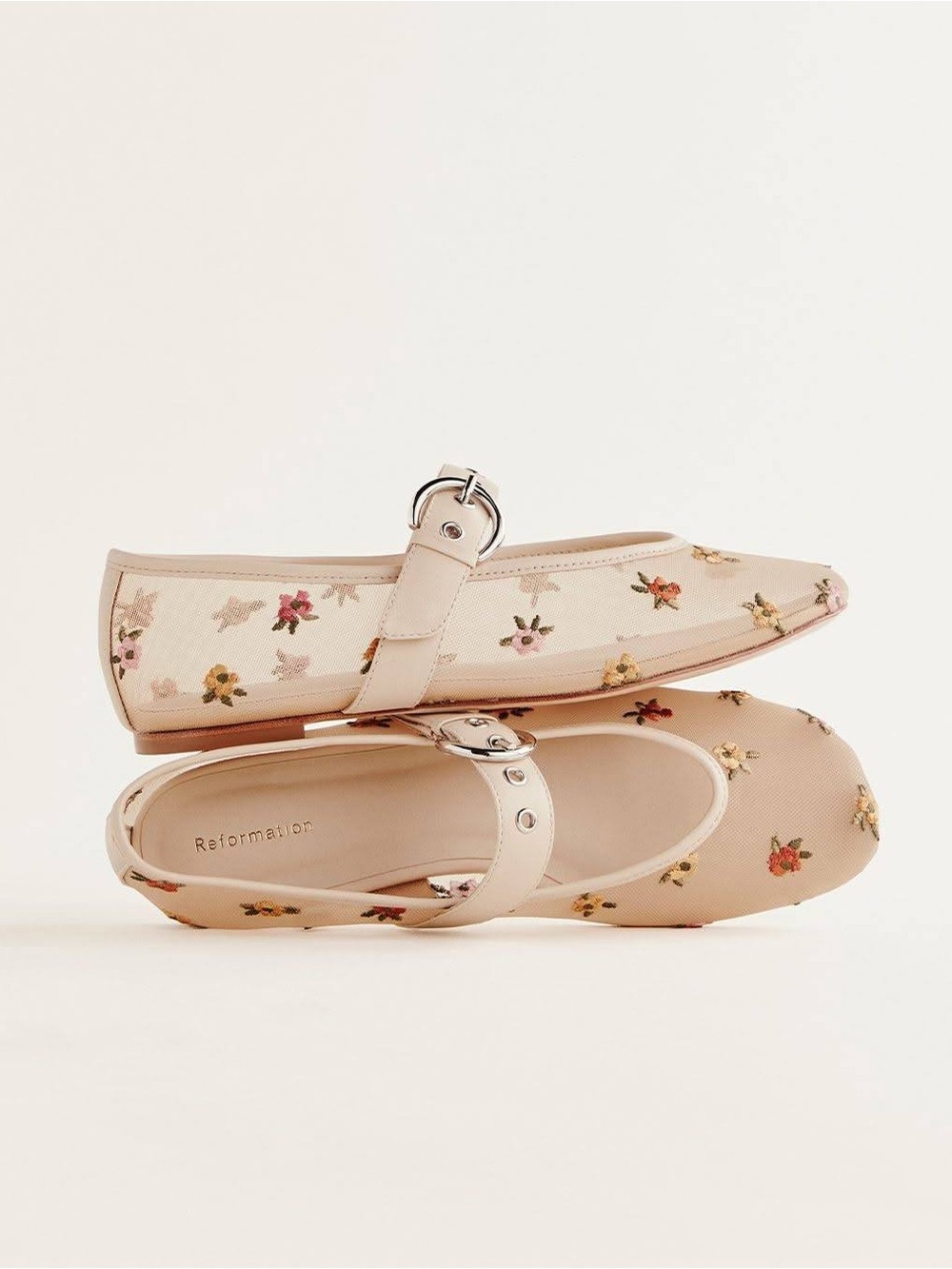 Reformation Bethany Tan Floral Mesh Mary Jane Flats Size 8 - Picture 1 of 9